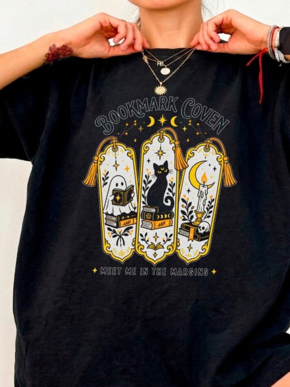 Bookmark Coven Witchy Bookish Ghost Cat Graphic Tee